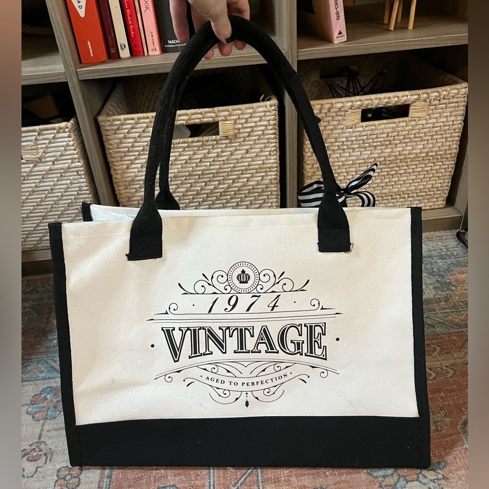 NWT “1974 Vintage, Back in 1974” Large Canvas Tote Bag Black & White Bow Detail